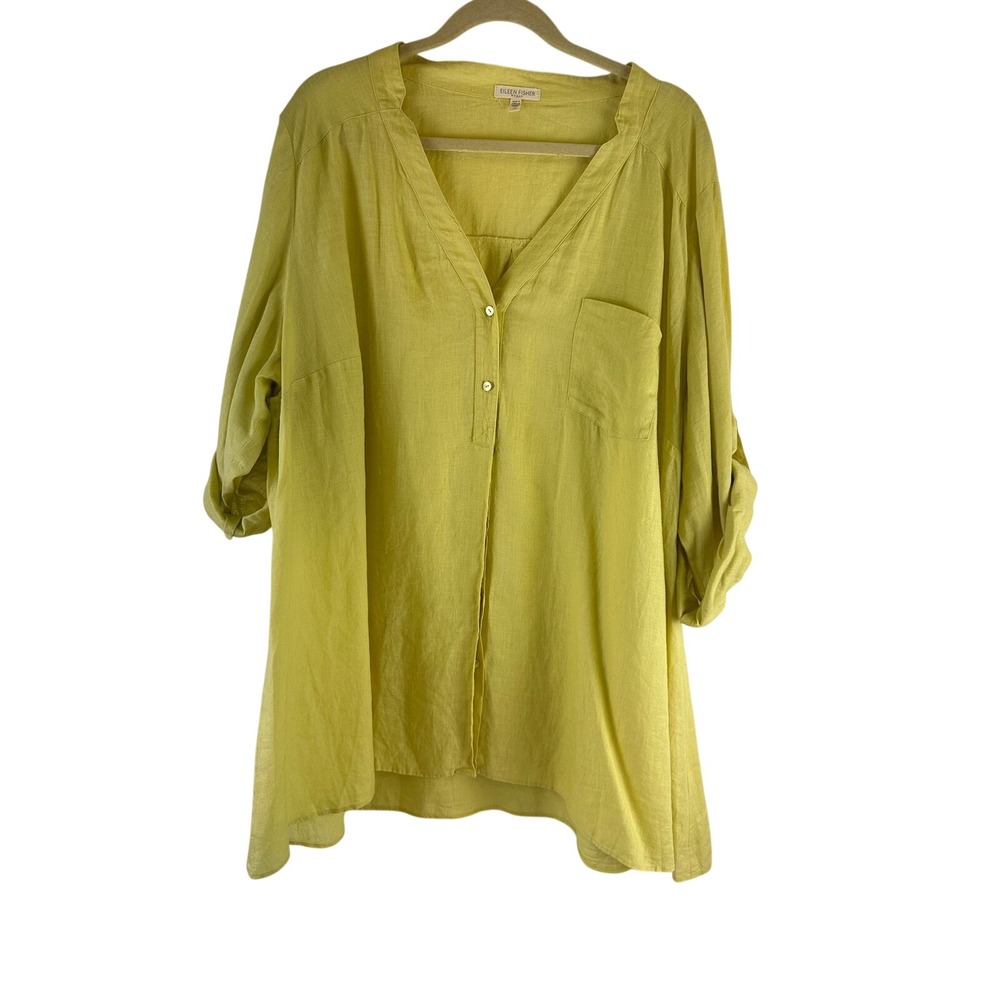 Eileen Fisher 100% Irish Linen Tunic Shirt Button Down Yellow Roll Tab Sleeve 3X